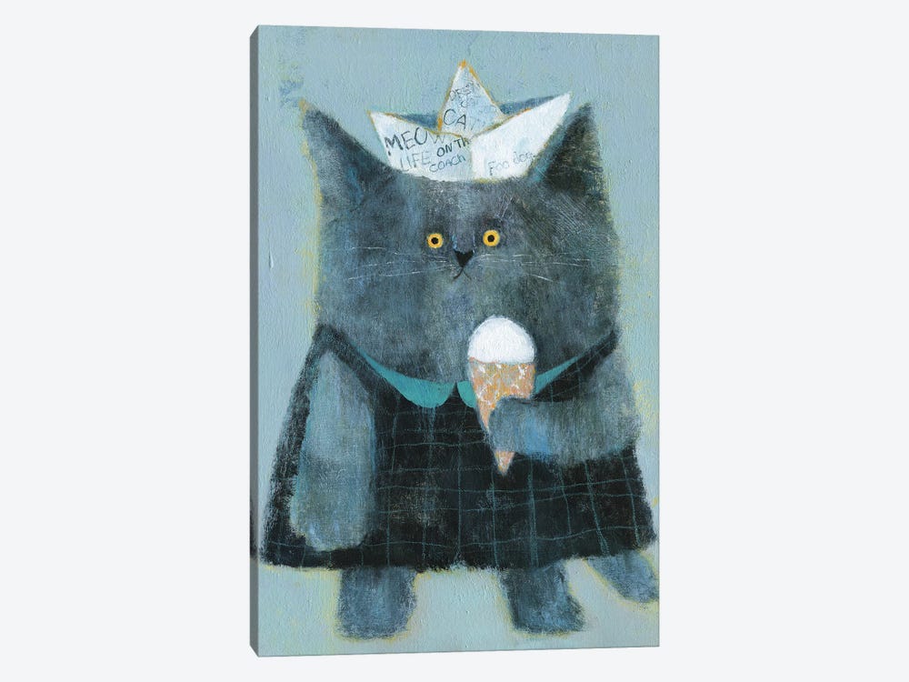 The Cat With Paper Hat And Icecream by Natalia Shaloshvili 1-piece Art Print