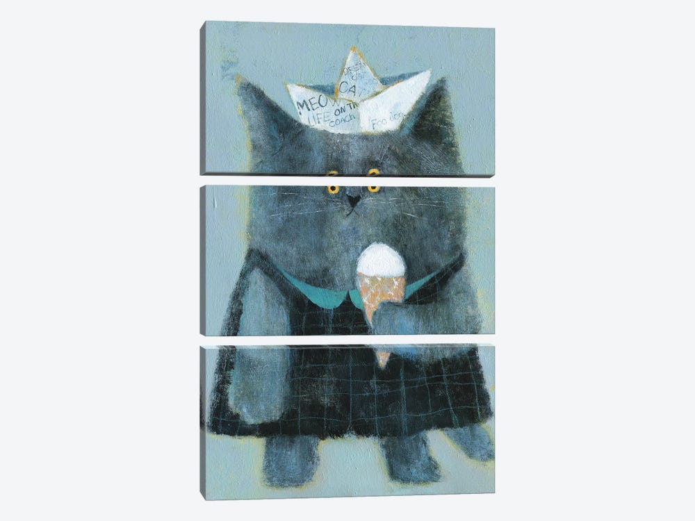 The Cat With Paper Hat And Icecream by Natalia Shaloshvili 3-piece Canvas Print