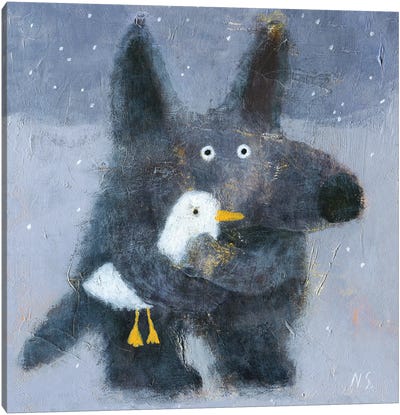 The Wolf Hugs The Duck Canvas Art Print - Wolf Art