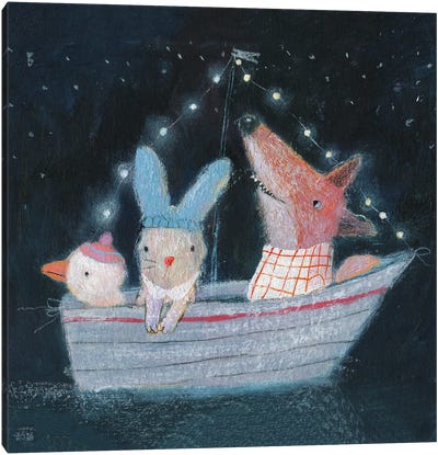 Three In The Boat Canvas Art Print - Exploration Art