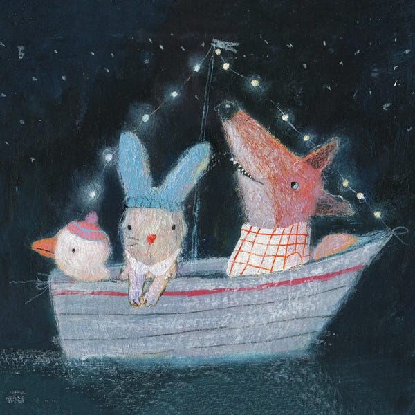 Kids Transportation Art: Three In The Boat by Natalia Shaloshvili