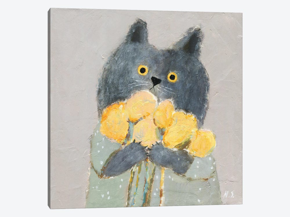 Cat With Flowers by Natalia Shaloshvili 1-piece Canvas Wall Art