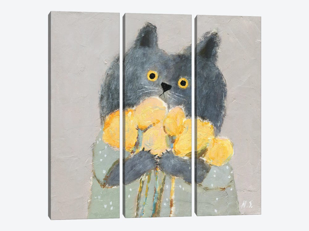 Cat With Flowers by Natalia Shaloshvili 3-piece Canvas Wall Art