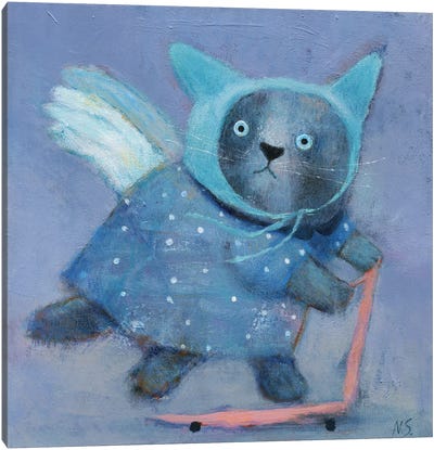 Blue Cat In The Hat On Scooter Canvas Art Print - Natalia Shaloshvili
