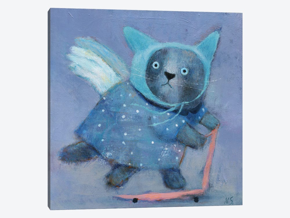 Blue Cat In The Hat On Scooter by Natalia Shaloshvili 1-piece Canvas Artwork