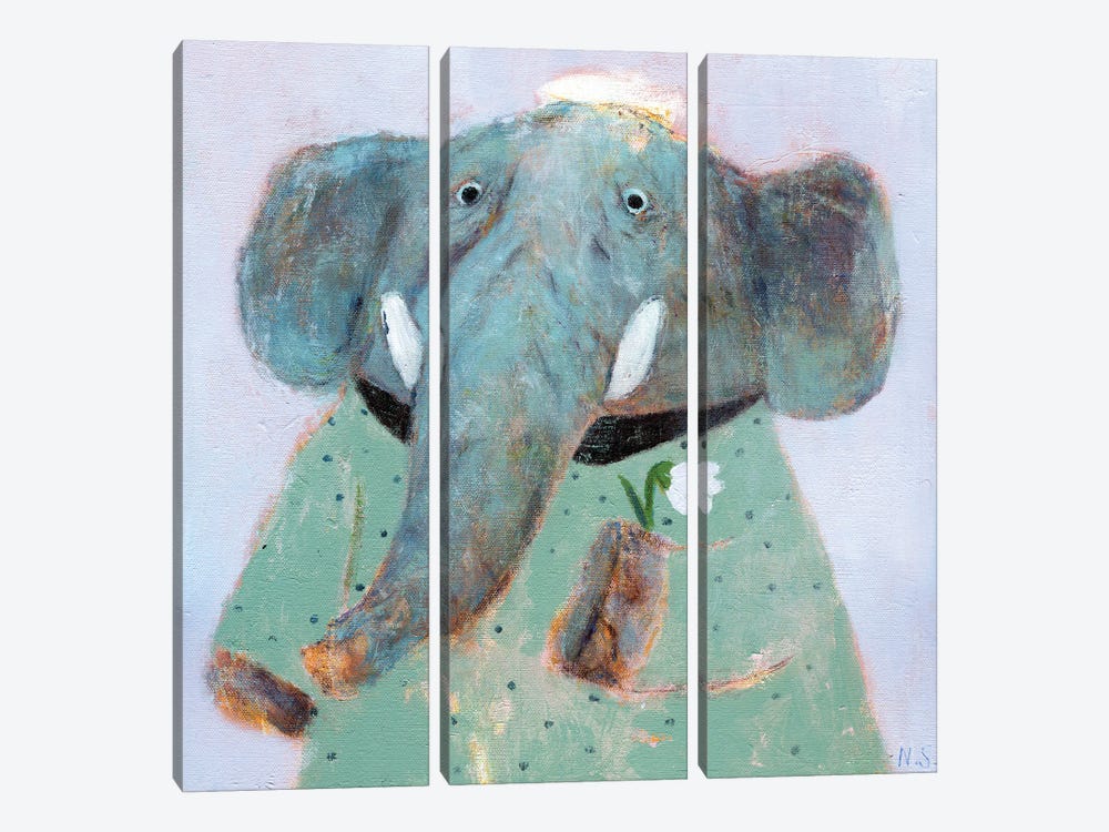 Blue Elephant And The Flower by Natalia Shaloshvili 3-piece Canvas Art Print