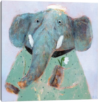 Blue Elephant And The Flower Canvas Art Print - Natalia Shaloshvili