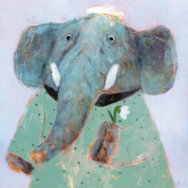 Elephants: Blue Elephant And The Flower by Natalia Shaloshvili