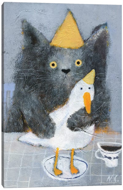 Cat And Duck On The Plate Canvas Art Print - Cat Art