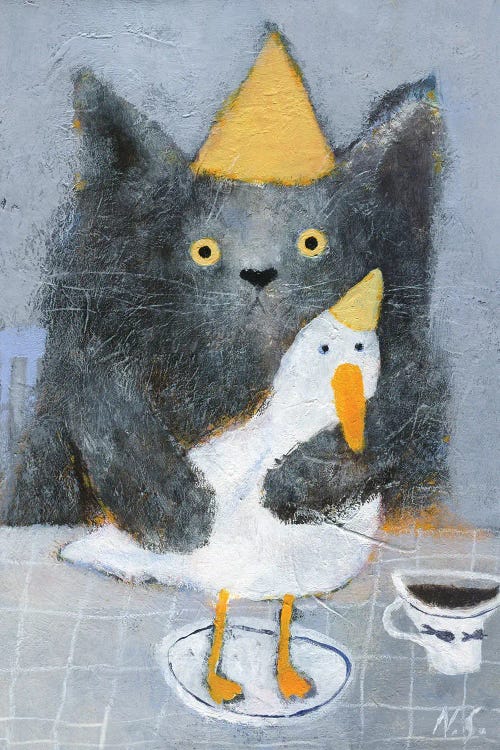 Cat And Duck On The Plate by Natalia Shaloshvili canvas print
