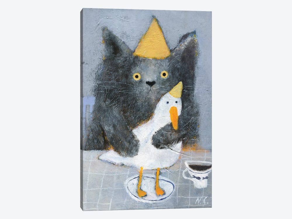 Cat And Duck On The Plate by Natalia Shaloshvili 1-piece Canvas Art