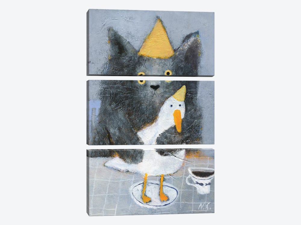 Cat And Duck On The Plate by Natalia Shaloshvili 3-piece Canvas Artwork