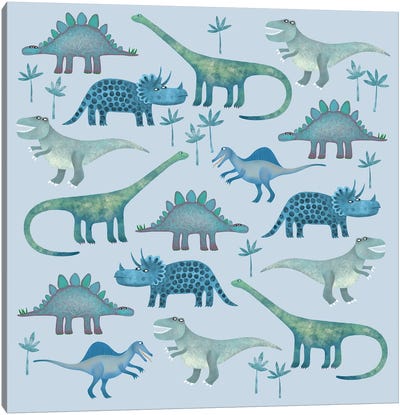 Dinosaurs Blue Canvas Art Print - Animal Patterns