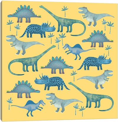 Dinosaurs Yellow Canvas Art Print - Animal Patterns