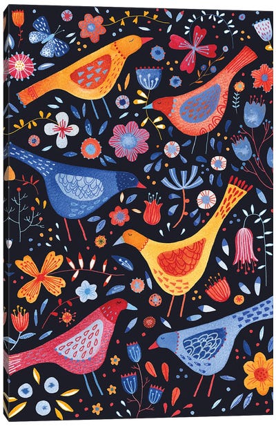 Birds in a Garden Dark Canvas Art Print - Nic Squirrell