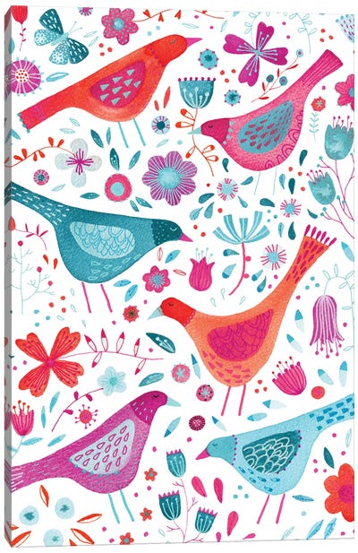 Birds in a Garden Teal Canvas Art Print - Nic Squirrell