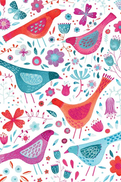 Nic Squirrell: Birds in a Garden Teal by Nic Squirrell
