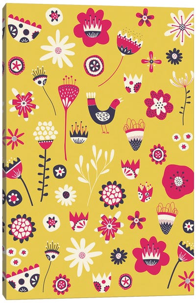 Spring Folk Floral Yellow Canvas Art Print - Nic Squirrell
