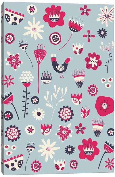 Spring Folk Floral Blue Canvas Art Print - Nic Squirrell