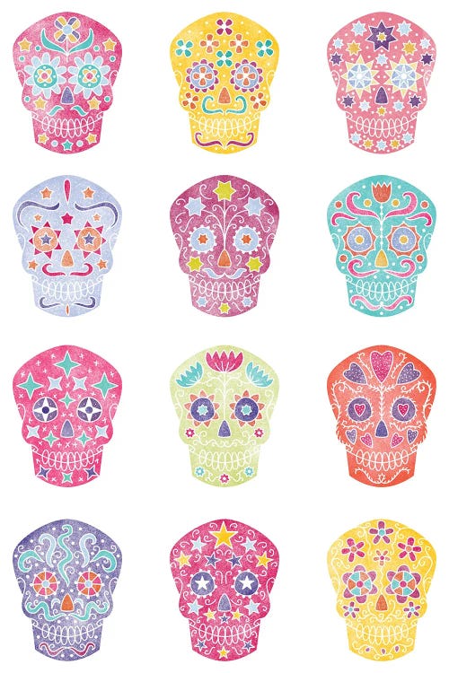 Watercolor Sugar Skulls Dia De Los Muertos by Nic Squirrell wall art