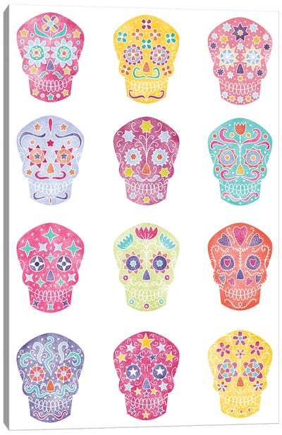 Watercolor Sugar Skulls Dia De Los Muertos Canvas Art Print - Día de los Muertos Art