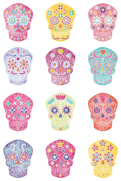 Latin Décor: Watercolor Sugar Skulls Dia De Los Muertos by Nic Squirrell