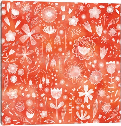 White Flowers On Coral Canvas Art Print - Nic Squirrell
