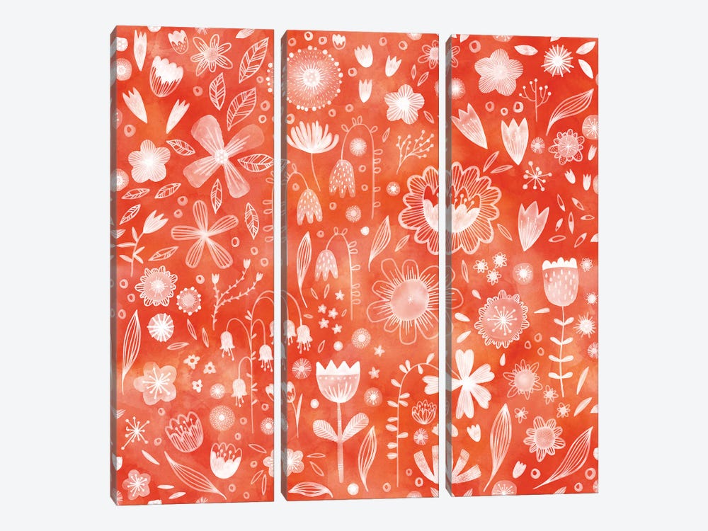 White Flowers On Coral by Nic Squirrell 3-piece Canvas Print