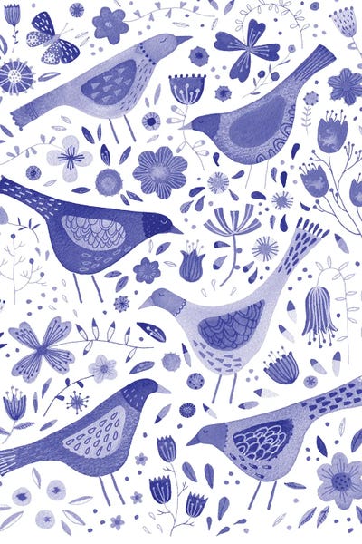 Blue Watercolor Birds In A Garden by Nic Squirrell multi panel art