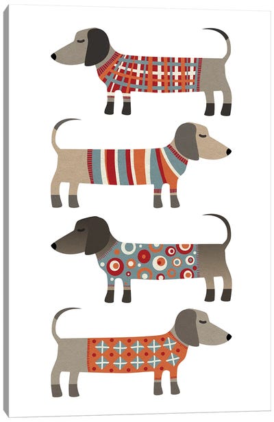 Sausage Dogs In Sweaters Canvas Art Print - Mid-Century Modern Animals