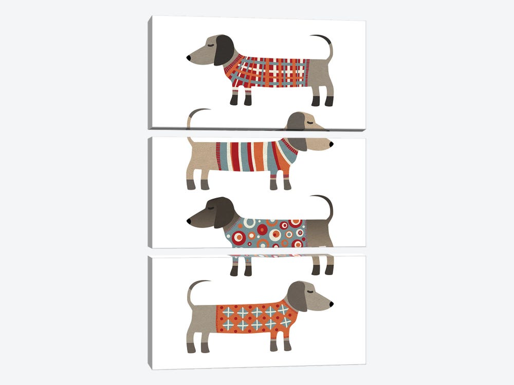 Sausage Dogs In Sweaters by Nic Squirrell 3-piece Canvas Print