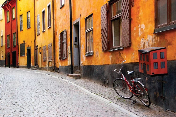 Lone Bicycle Next To A Mailbox, Gamla Stan (Old Town), Stockholm, Sweden by Nancy & Steve Ross wall art