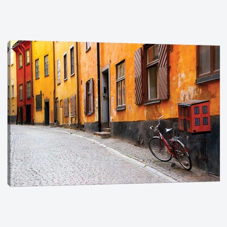 Lone Bicycle Next To A Mailbox, Gamla Stan (Old Town), Stockholm, Sweden Canvas Print #NSR1} by Nancy & Steve Ross Canvas Wall Art
