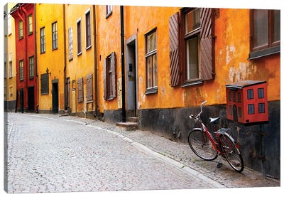 Lone Bicycle Next To A Mailbox, Gamla Stan (Old Town), Stockholm, Sweden Canvas Art Print - Sweden Art