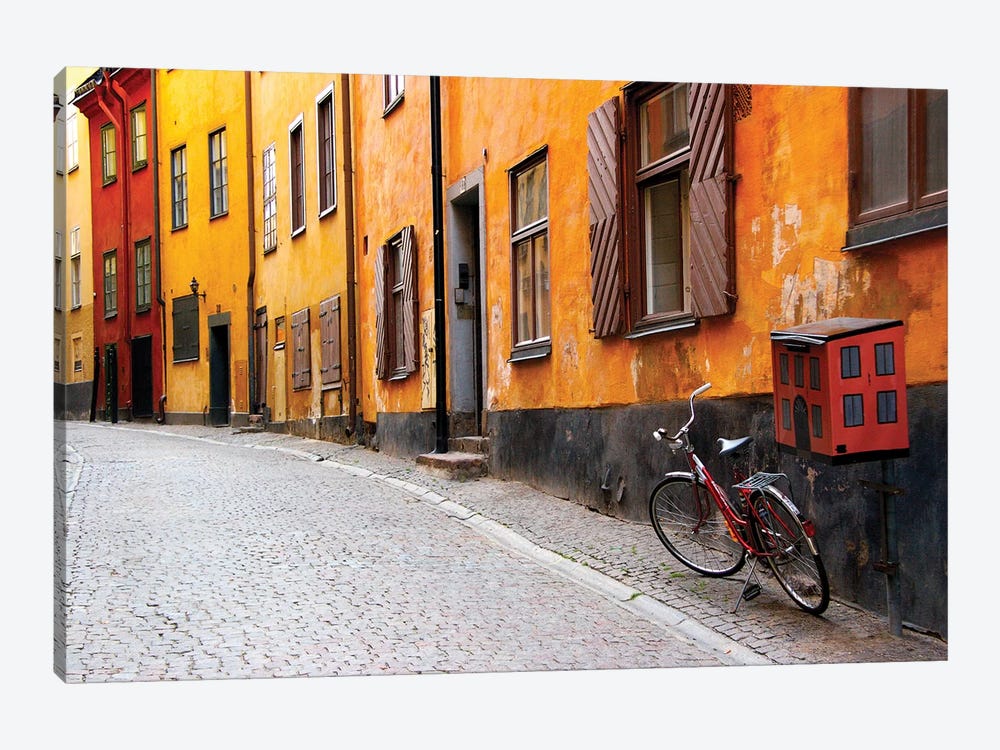 Lone Bicycle Next To A Mailbox, Gamla Stan (Old Town), Stockholm, Sweden by Nancy & Steve Ross 1-piece Canvas Artwork