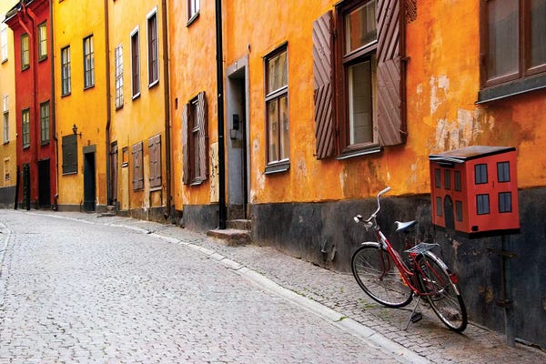 Doors: Lone Bicycle Next To A Mailbox, Gamla Stan (Old Town), Stockholm, Sweden by Nancy & Steve Ross