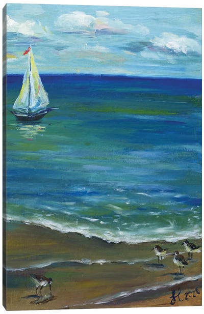 Coastal Landscape With Sailboat Canvas Art Print - Sandpiper Art
