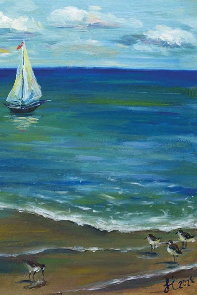 Nataly Mak: Coastal Landscape With Sailboat by Nataly Mak