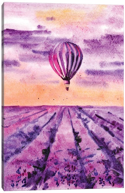 Hot Air Balloon Over Lavender Field Canvas Art Print - Herb Art