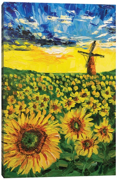 Sunflowers Landscape Canvas Art Print - Watermill & Windmill Art