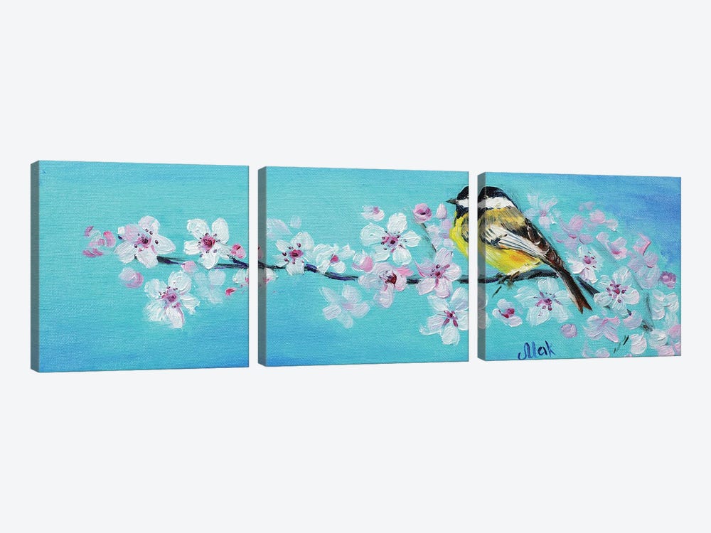 Bird On Blossom Branch by Nataly Mak 3-piece Canvas Wall Art