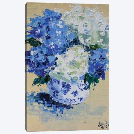 Grey Book Stack with Hydrangeas in Cream Vase by Amanda Greenwood - Wrapped Canvas Painting Print East Urban Home Size: 60 H x 40 W x 1.5 D, Format