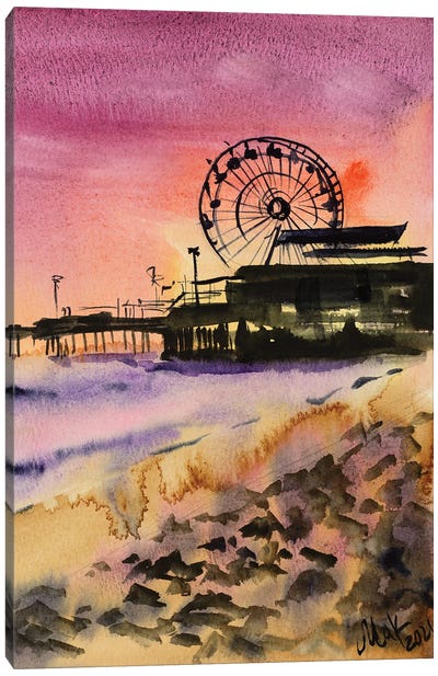 Santa Monica Beach Sunset Canvas Art Print - Ferris Wheels