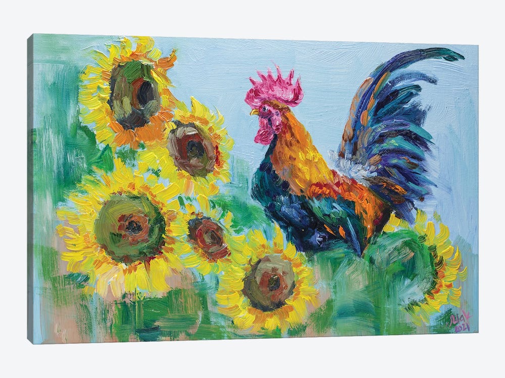 Rooster And Sunflowers by Nataly Mak 1-piece Canvas Art Print