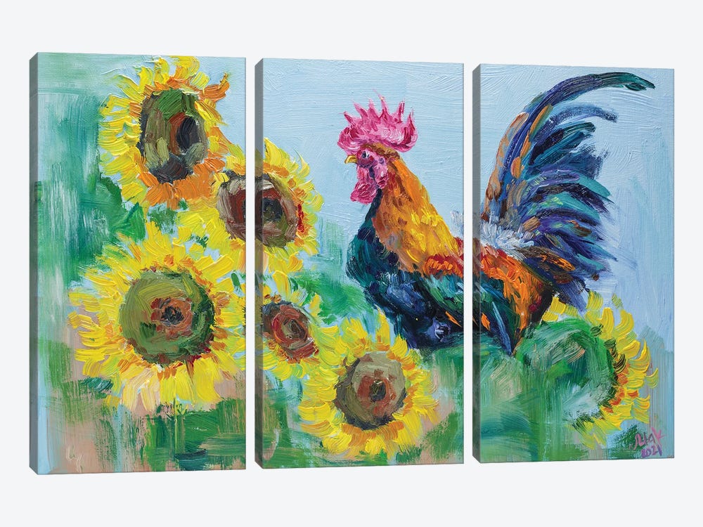 Rooster And Sunflowers by Nataly Mak 3-piece Canvas Art Print