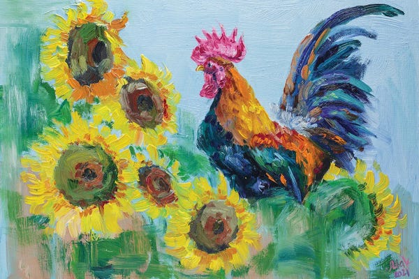 Nataly Mak: Rooster And Sunflowers by Nataly Mak