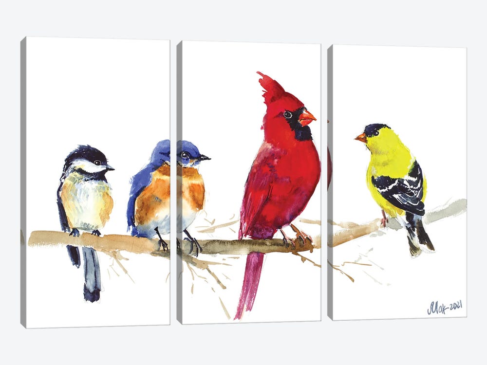 Birds On Wire - Red Cardinal, Chickadee, Goldfinch, Bluebird by Nataly Mak 3-piece Canvas Art