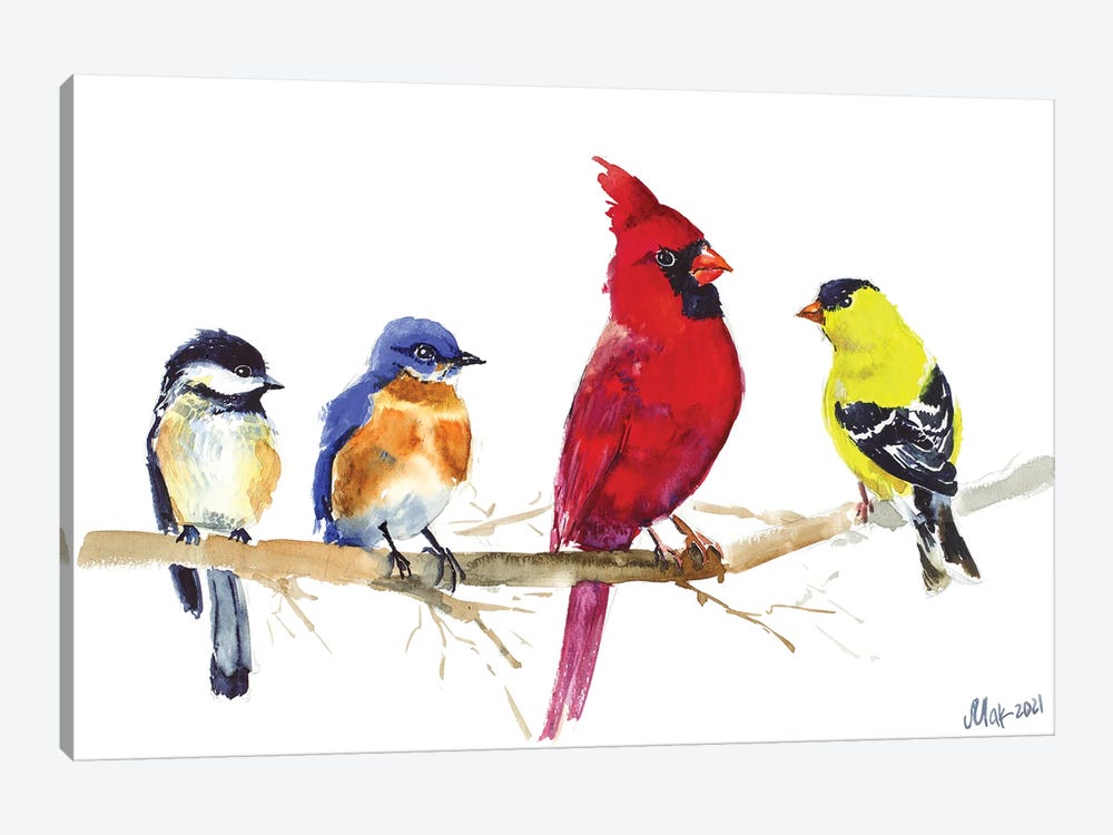 Birds On Wire - Red Cardinal, Chickadee, Goldfinch, Bluebird by Nataly Mak 1-piece Canvas Art