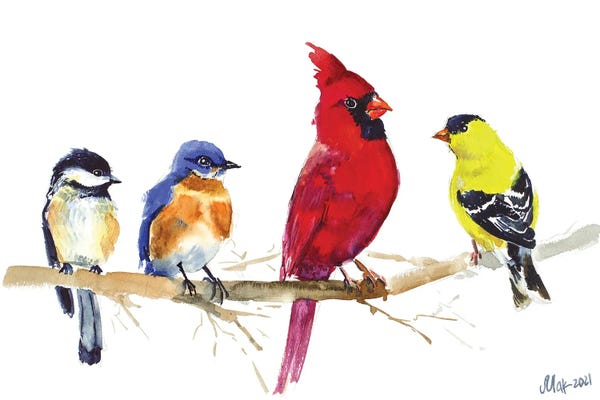Nataly Mak: Birds On Wire - Red Cardinal, Chickadee, Goldfinch, Bluebird by Nataly Mak