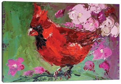 Red Cardinal And Sakura Canvas Art Print - Cherry Blossom Art